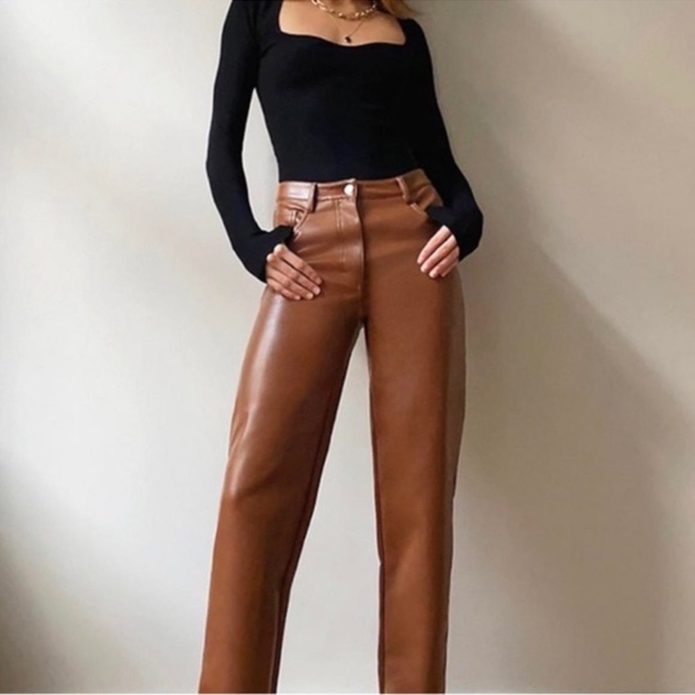 NWT Wilfred Melina Pleather Brown Pants Size 6 Long